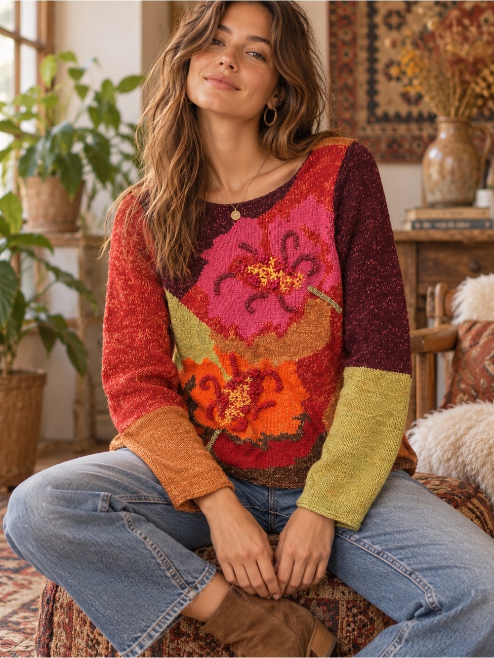 Crazy Horse Collection Vintage Sweater Womens L Multicolor Floral Intarsia Knit